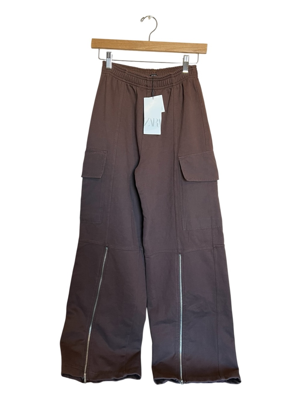 Zara Wide Leg Cargo Zip Hem Pants - Dark Brown size S - Picture 2 of 4